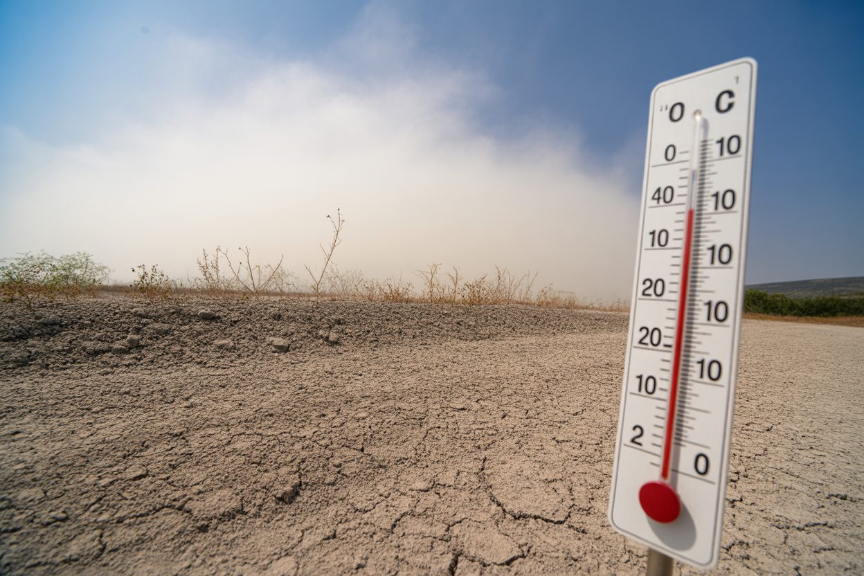 Canicule en Centre-Val de Loire : jusqu'à 42,7°C au Louroux, la chaleur recule enfin samedi Thermomètre affichant des températures élevées sur un sol desséché et fissuré