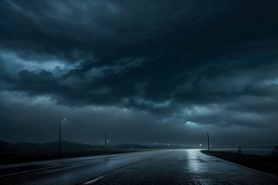Canicule et orages : les onze départements d'Auvergne-Rhône-Alpes en vigilance jaune Ciel orageux et rues inondées sous des pluies torrentielles et conditions météorologiques extrêmes