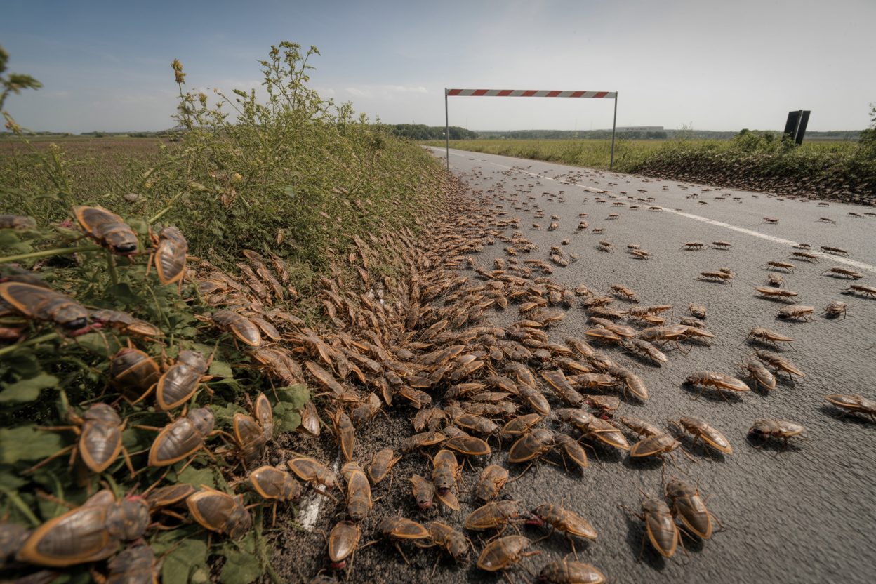 Essaim d'insectes couvrant la végétation et le sol d'une route rurale en zone agricole