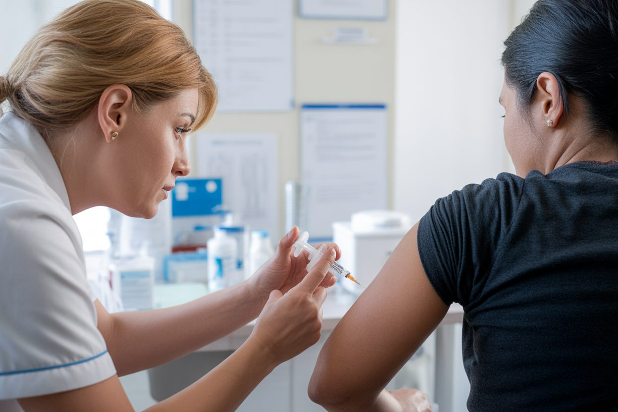 Chikungunya en Guyane : 722 doses administrées, 1 507 cas confirmés depuis janvier Professionnel de santé effectuant une injection vaccinale au bras d'un patient en consultation