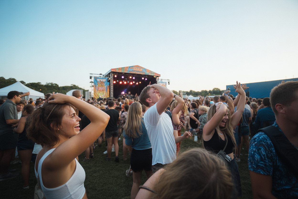 Cinq festivals gratuits ou à petit prix dans quatre communes bretonnes cette semaine Foule en liesse lors d'un concert en plein air, avec scène illuminée et spectateurs dansant