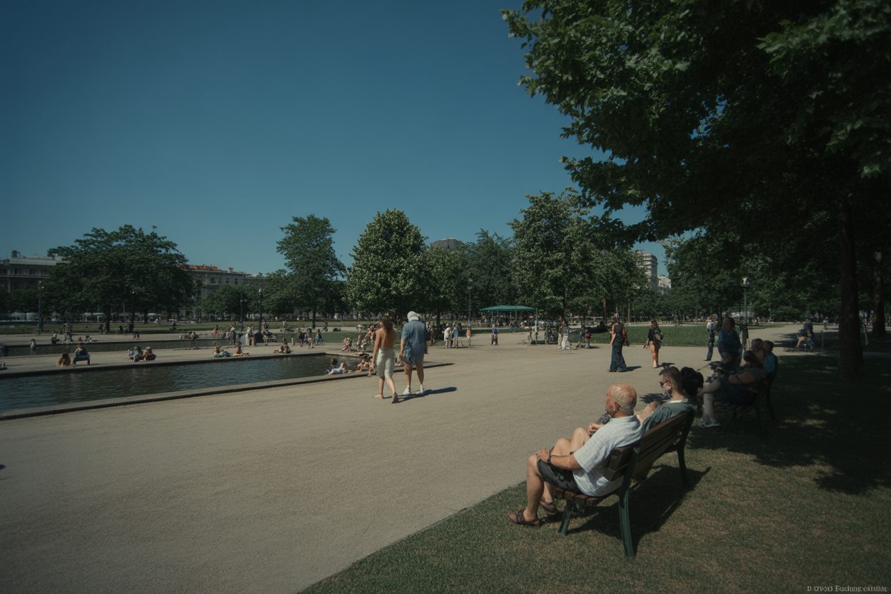 Cinquième canicule de l'été : Lyon et huit départements en vigilance orange jusqu'à minuit Habitants cherchant refuge à l'ombre lors d'une journée de forte chaleur estivale en milieu urbain
