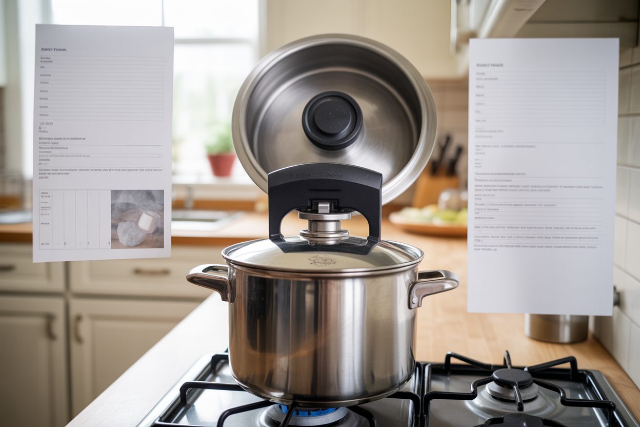 Cocottes-minute Anilar rappelées chez Carrefour : risque d'explosion sur les modèles 7 litres Cocotte-minute en inox sur plaque de cuisson avec vapeur s'échappant de la soupape