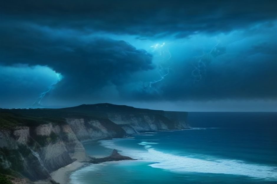 Nuages d'orage massifs s'amassant au-dessus d'une côte méditerranéenne rocheuse