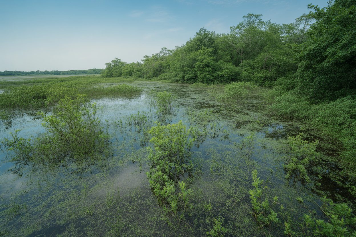 Paysage de zone humide avec sol imbibé d'eau et végétation dense et verdoyante