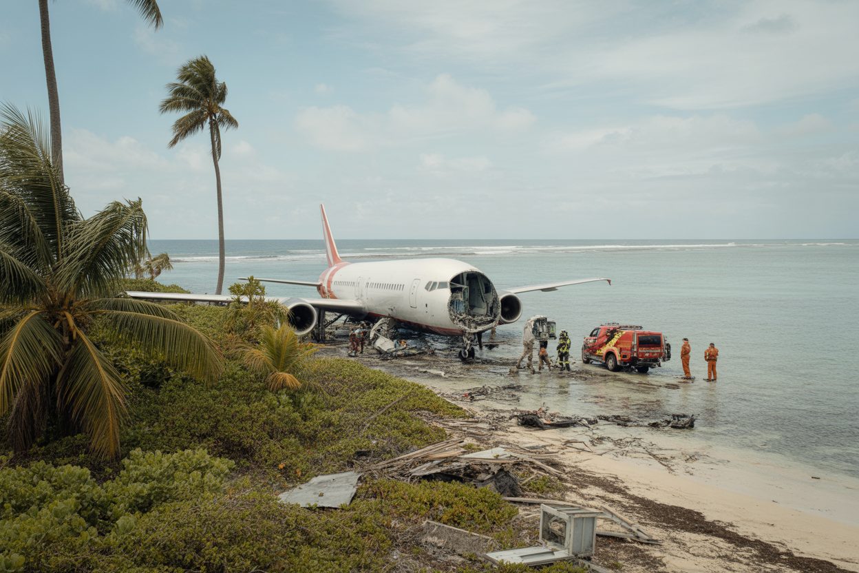 Crash d'Air Moorea : 19 ans après, Moorea honore les 20 victimes de la tragédie de 2007 Débris d'un avion commercial dispersés sur une plage tropicale avec équipes de secours
