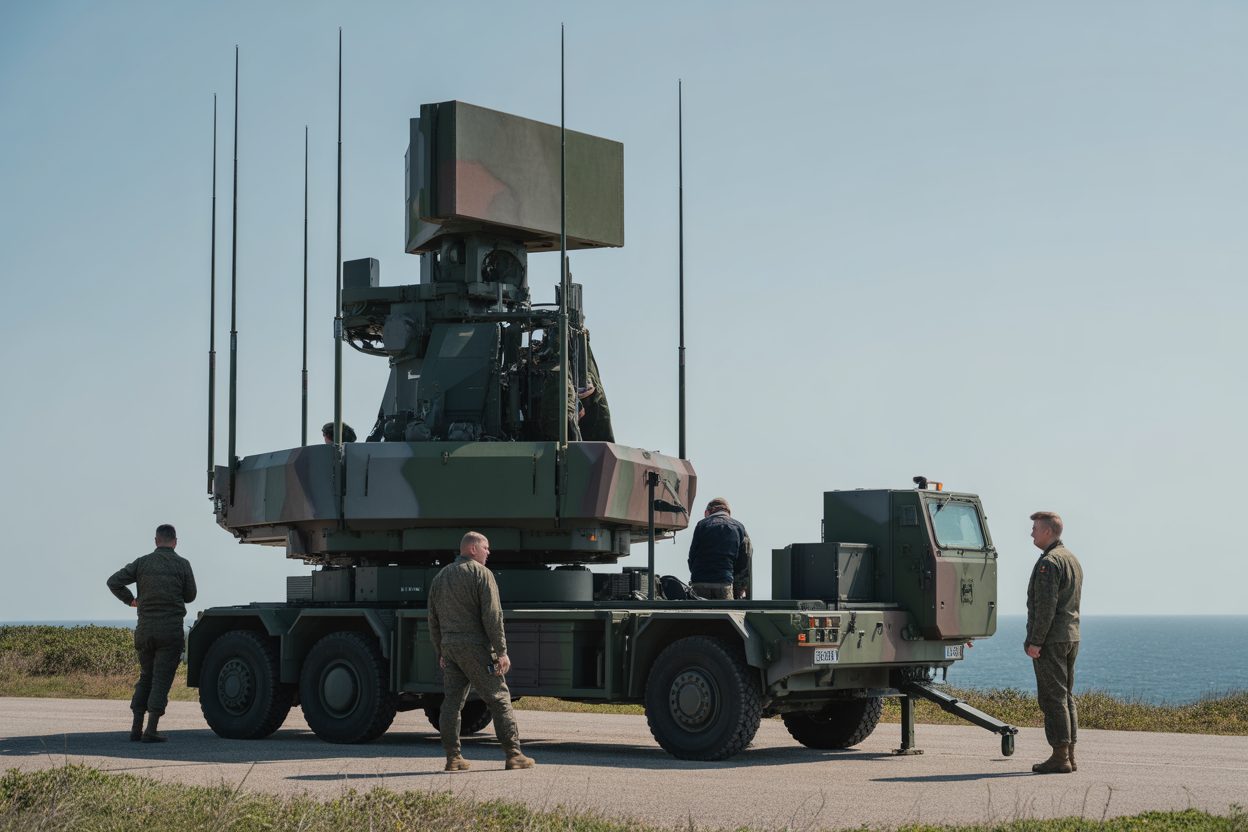 Système de défense aérienne moderne sur plateforme mobile en environnement militaire côtier