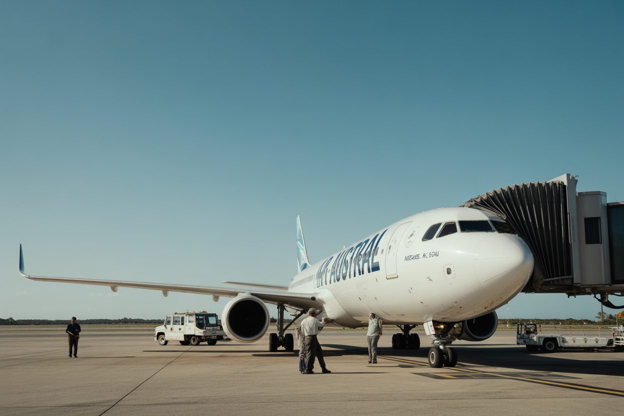 Avion commercial stationné au terminal aéroportuaire, équipes au sol en préparation de vol