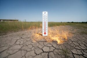 Thermomètre affichant des températures extrêmes sous un soleil intense et ciel dégagé