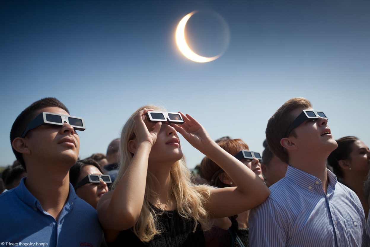 Éclipse du 12 août : 10 000 lunettes gratuites pour les Franciliens dans les bases de loisirs Groupe de spectateurs observant le ciel avec des lunettes de protection spécialisées lors d'un phénomène astronomique
