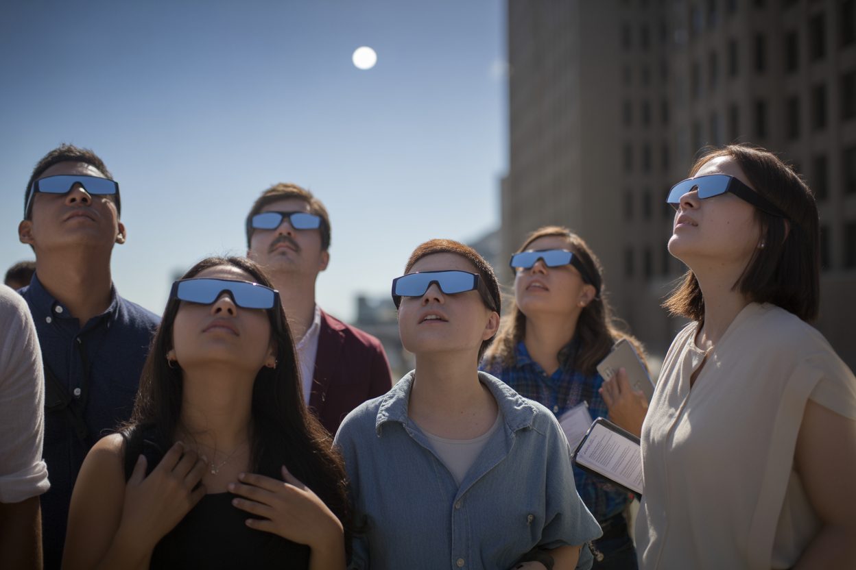 Éclipse solaire du 12 août : 92 % du Soleil masqué à Paris, où l'observer en Île-de-France Observateurs munis de lunettes de protection solaire scrutant le ciel lors d'une éclipse