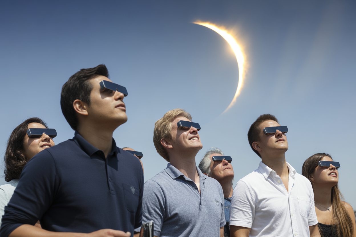 Éclipse solaire mercredi 12 août : 46% du disque masqué à Saint-Pierre, pénurie de lunettes Observateurs munis de lunettes de protection regardant vers le ciel lors d'une éclipse solaire partielle