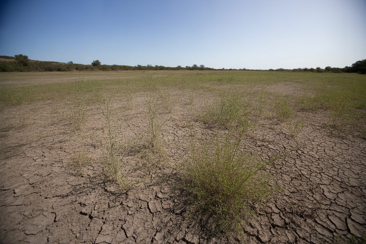 Terre desséchée et fissurée dans un paysage rural affecté par la sécheresse