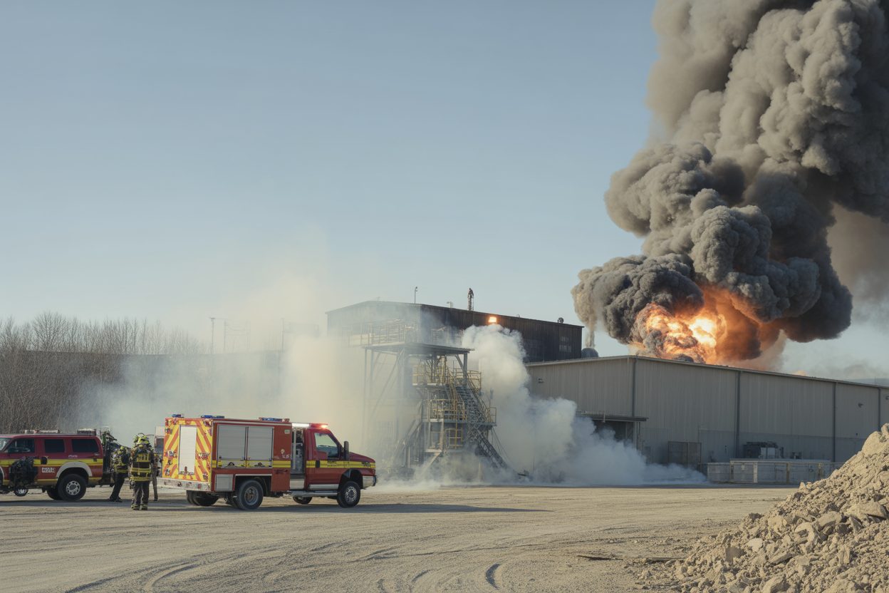 Fumée et flammes s'échappent d'un bâtiment industriel, véhicules d'intervention d'urgence présents sur site