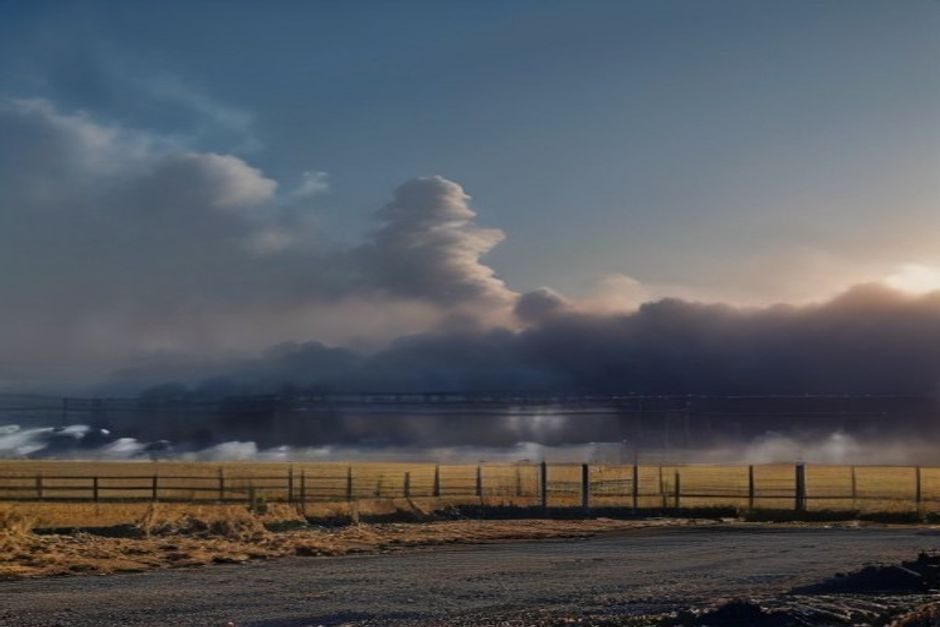Site industriel endommagé par une explosion, avec fumée s'échappant des installations et véhicules d'intervention