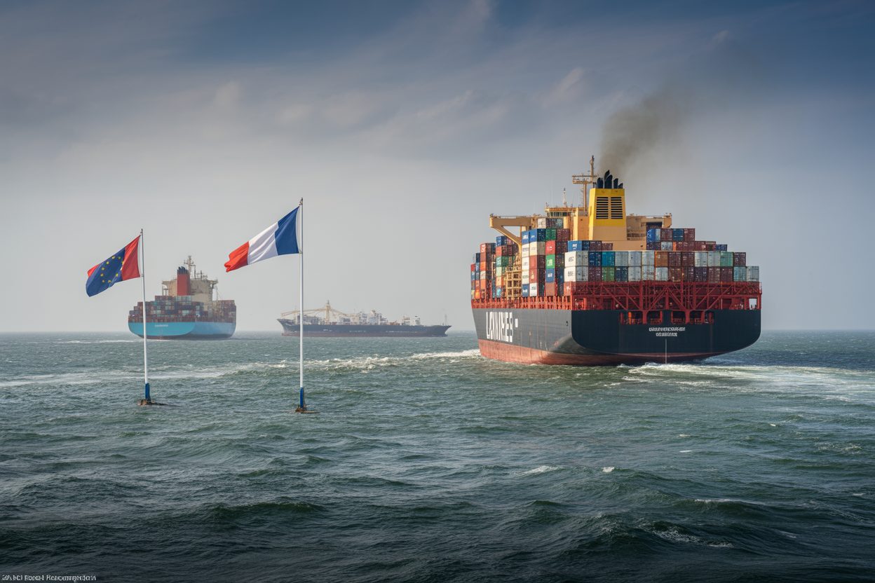 Face aux saisies européennes, Moscou menace d'arraisonner des navires occidentaux partout dans le monde Navire de fret traversant des eaux agitées, illustrant les tensions commerciales maritimes en Europe