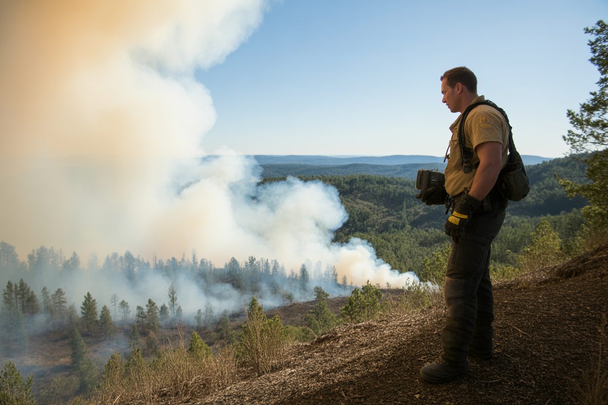 Feux de forêt : accalmie en Auvergne-Rhône-Alpes ce 12 août, la Drôme repassera en orange jeudi Pompier en tenue de protection surveillant un foyer d'incendie en zone forestière