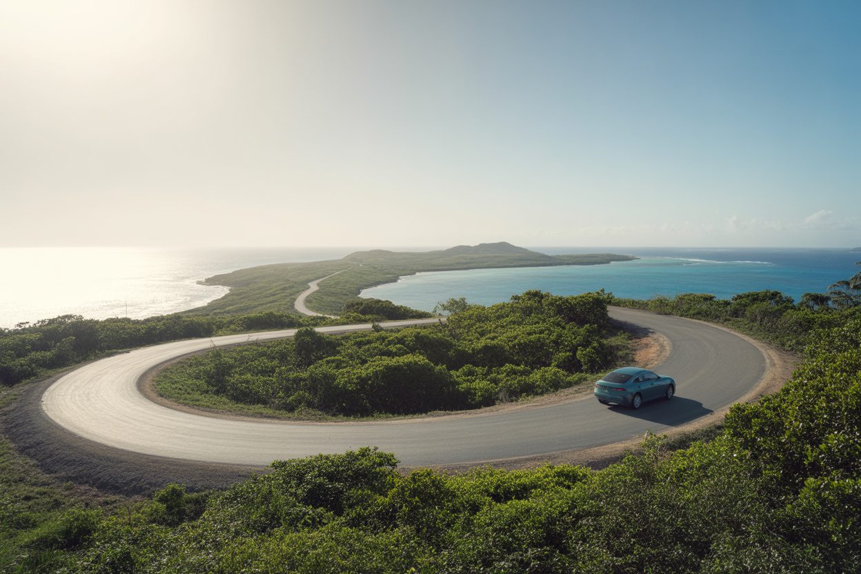 Futuna : seize ans après le cyclone, le tour de l'île rouvre enfin en voiture Véhicule circulant sur une route côtière sinueuse à travers un paysage tropical verdoyant