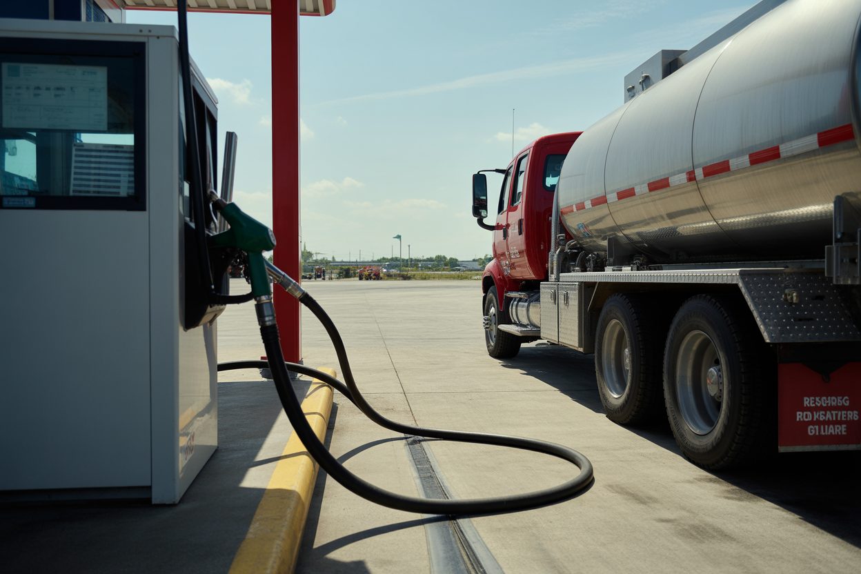 Grand Est : la sécheresse du Rhin vide les stations-service, les camions-citernes autorisés le week-end Camion-citerne ravitaillant une station-service en carburant lors d'une opération exceptionnelle