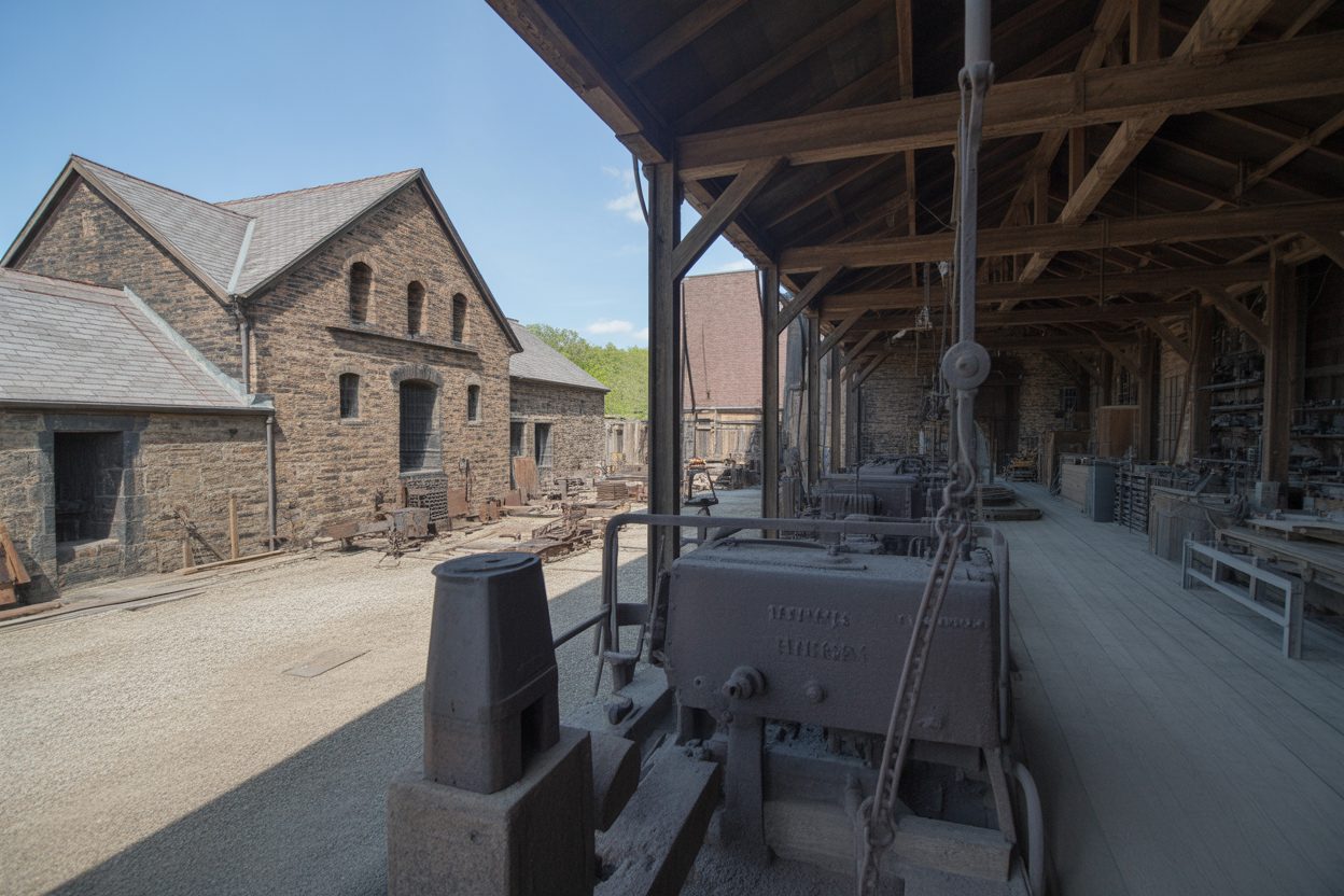 Grande Forge de Buffon : 78 000 euros manquent pour achever la rénovation hydraulique Intérieur d'une ancienne forge avec fourneaux en pierre, équipements métalliques et structures en bois usées