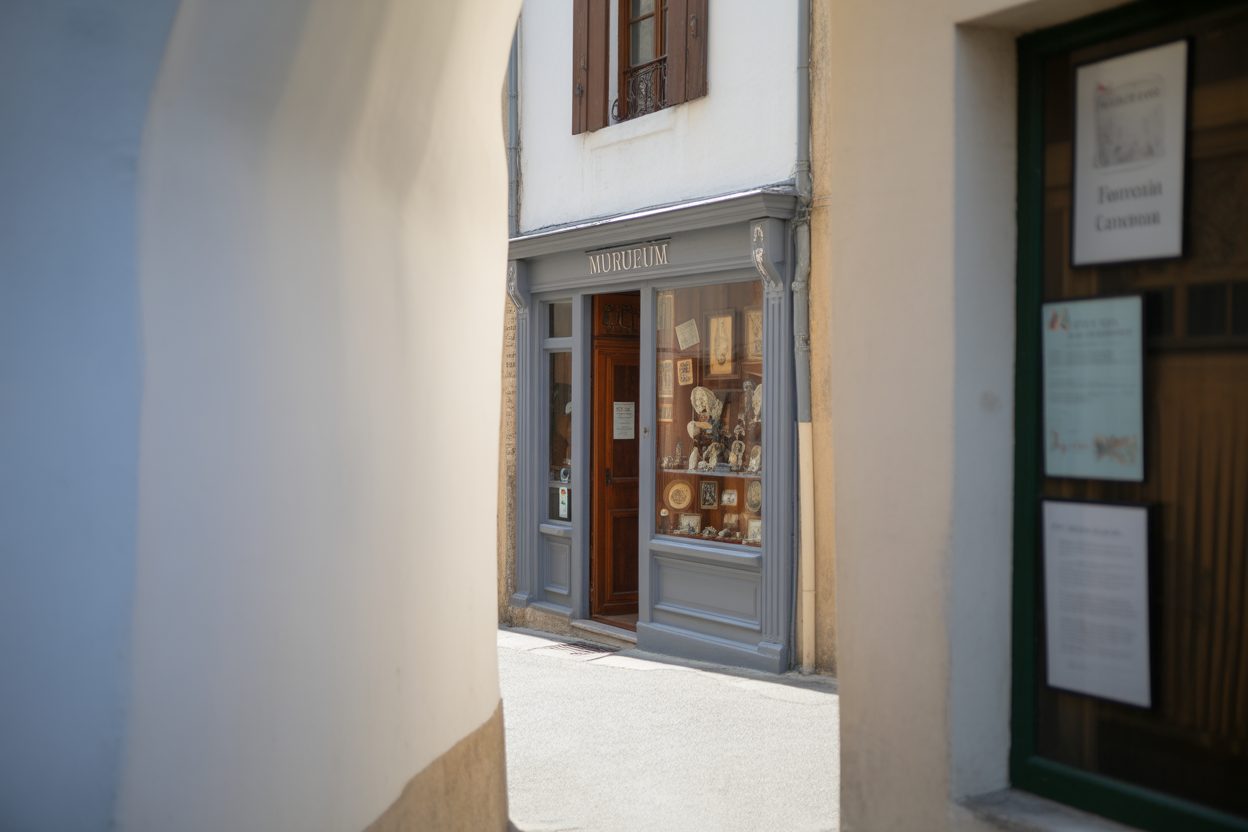 Huit mètres carrés d'esprit à Honfleur : le Petit Musée Alphonse Allais reçoit un New-Yorkais Facade étroite d'un petit musée en pierre avec vitrine et porte d'époque, situé dans une ruelle pavée