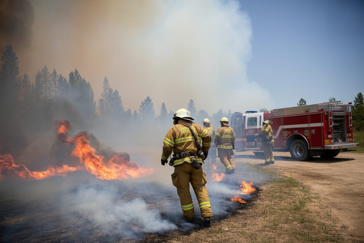 Pompiers en intervention face aux flammes d'un incendie de grande ampleur en zone rurale