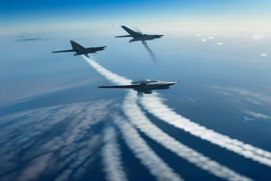 Indépendance indonésienne : deux Rafale français survolent Jakarta parmi 81 appareils de l'armée de l'air Avions de chasse en formation serrée survolant une zone urbaine, traçant des sillages dans le ciel