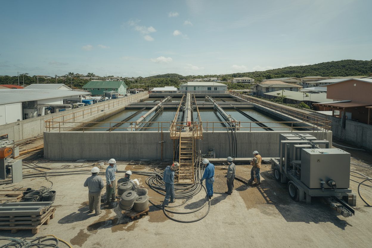 Ironi Bé : les filtres de l'usine attendus en mai 2026, la Grande-Terre reste à sec Chantier d'une usine de traitement des eaux avec réservoirs de filtration et équipements industriels en cours d'installation