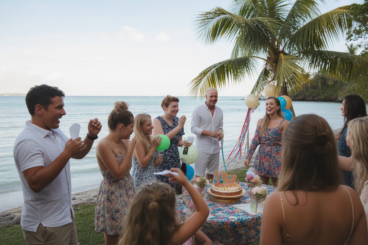 Jade Hallyday fête ses 22 ans à Saint-Barthélemy : « la plus belle réussite » de Laeticia Célébration en plein air sur une plage tropicale avec décoration festive et gâteau d'anniversaire