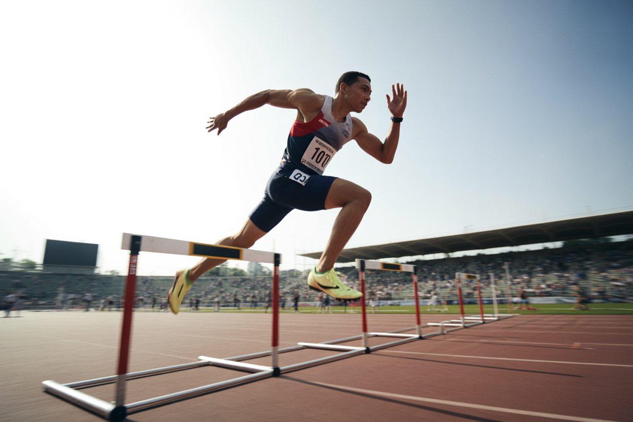 Just Kwaou-Mathey arrache l'argent sur 110 m haies à Birmingham et signe sa plus belle médaille européenne en 13''16 Athlète franchissant une haie lors d'une course de 110 mètres haies