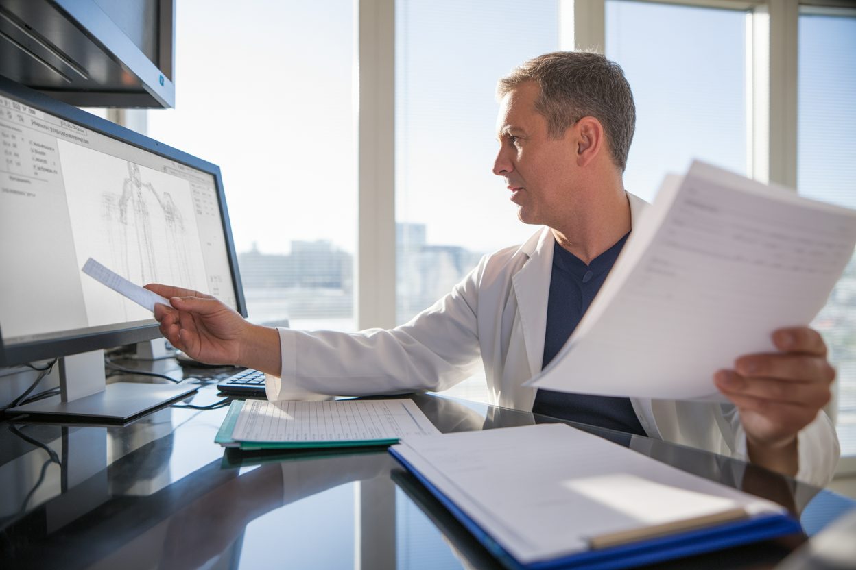 Professionnel de santé consultant des données médicales sur écran dans un cabinet moderne