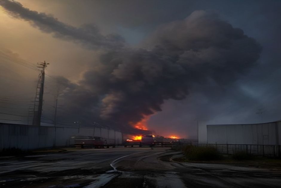 Pompiers en action face à un incendie dans une usine industrielle, jets d'eau massifs contre les flammes