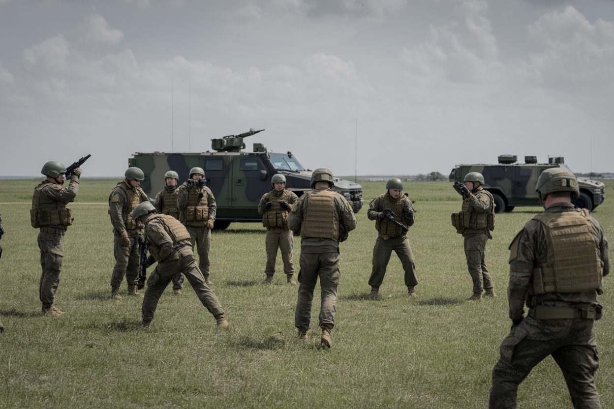 Militaires en tenue de combat lors d'un exercice d'entraînement tactique en terrain découvert