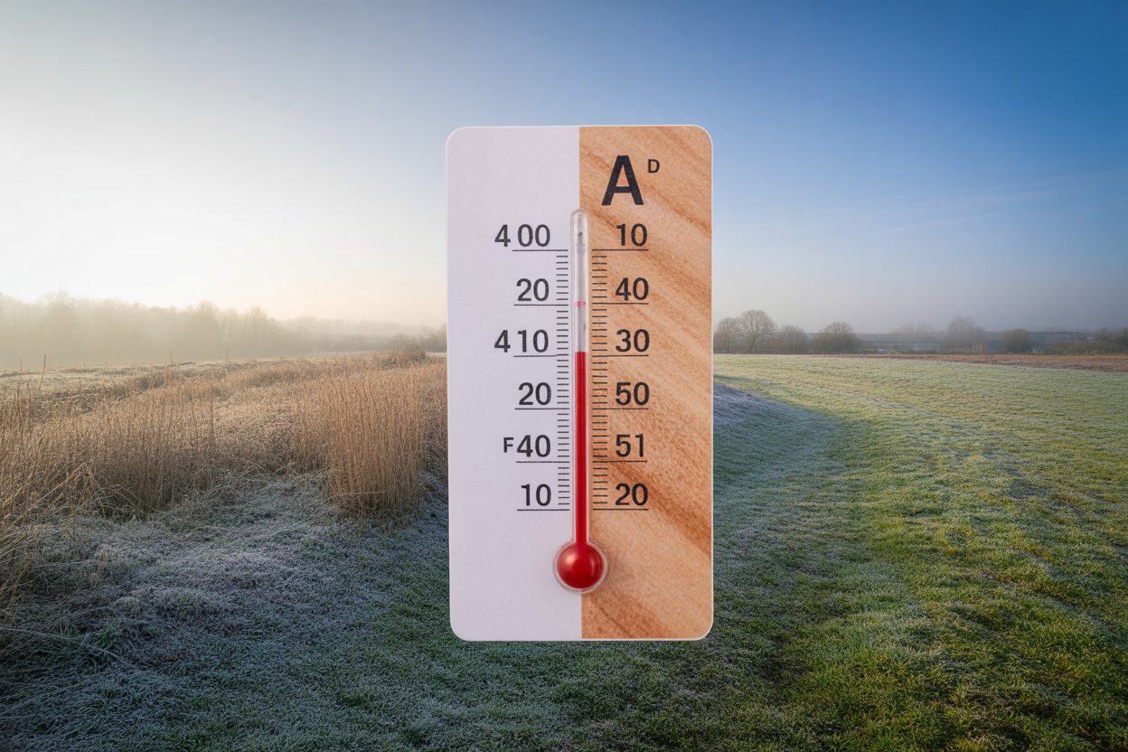 La nuit bretonne révèle son double visage : 4°C à Kerpert, 17°C à Saint-Malo Thermomètre affichant des écarts de température sous un ciel matinal nuageux et contrasté
