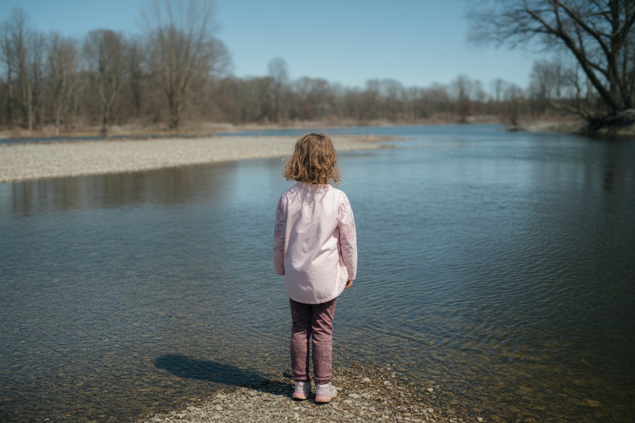Jeune fille observant la confluence de deux cours d'eau aux eaux de couleurs differentes