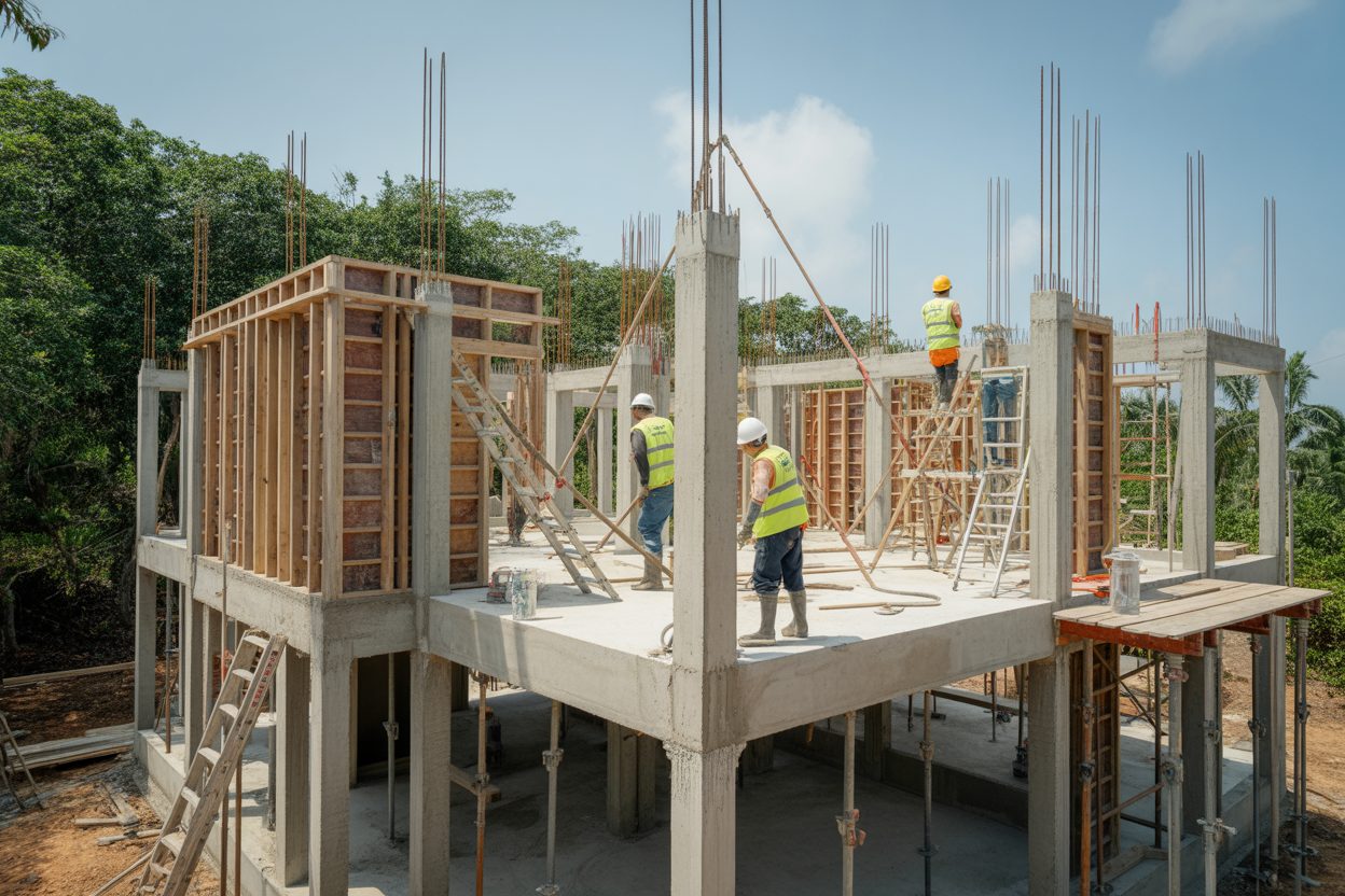 La Réunion lance un appel à projets pour construire et rénover des logements sociaux abordables Chantier de construction résidentielle avec ouvriers en équipements de sécurité assemblant les structures