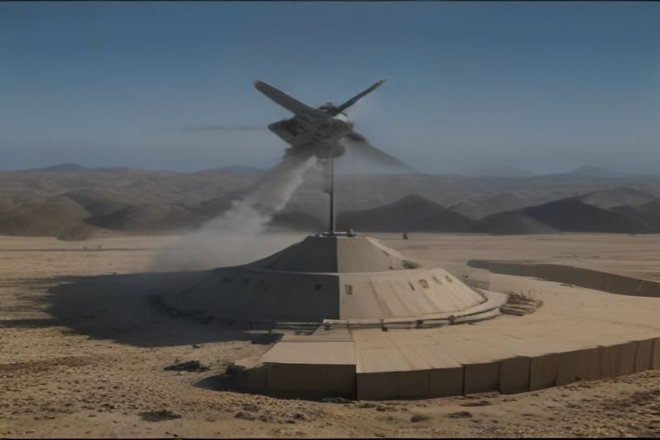 Système de défense aérienne militaire avec radar et lanceurs de missiles en position opérationnelle