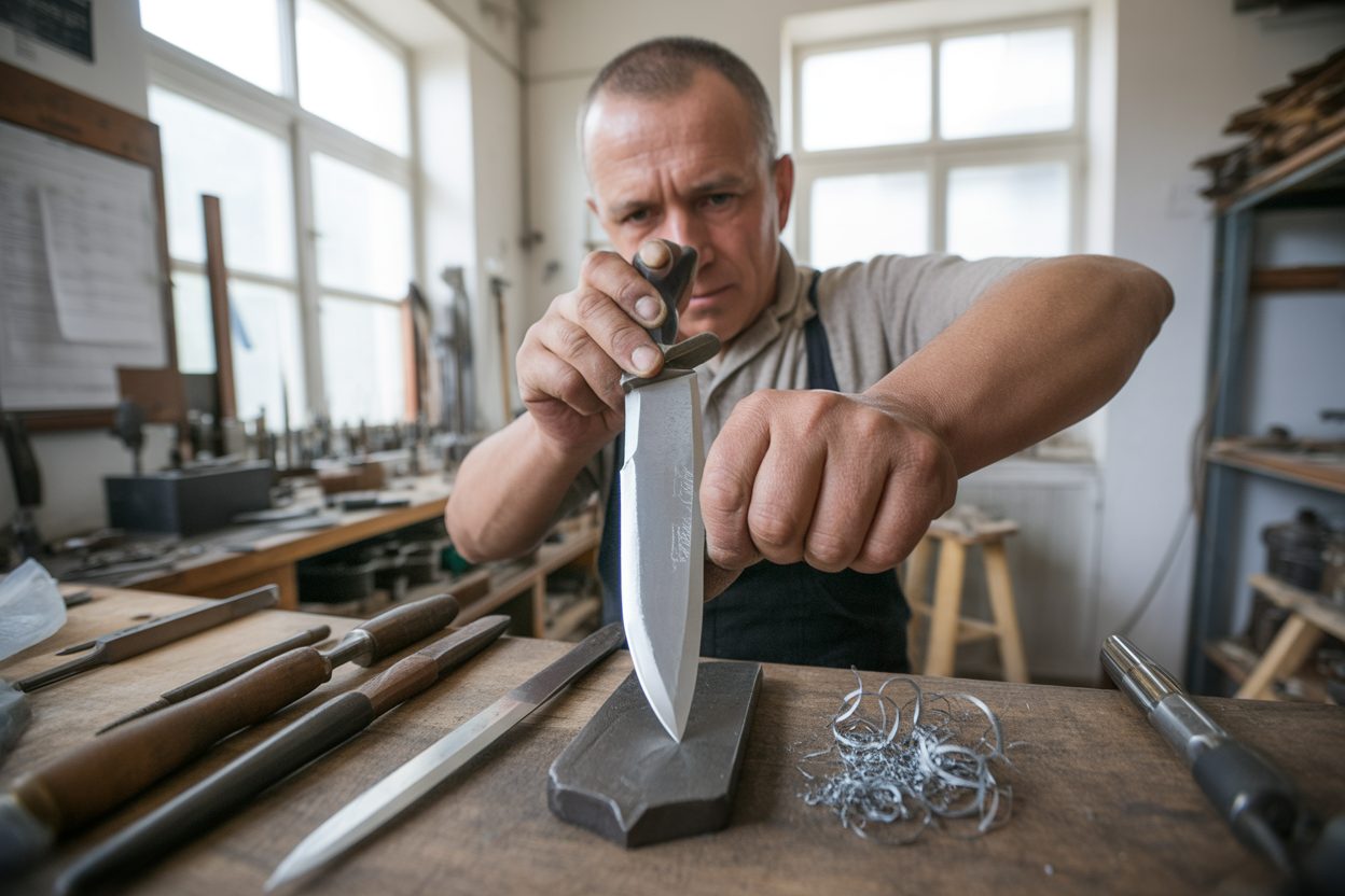 L'Atelier Midgard, de Marols, représentera la Loire au Salon du Made in France à Paris Artisan au travail dans son atelier, façonnant une lame de couteau à la main avec outils traditionnels