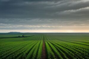 Champs de légumes de culture intensive s'étendant à l'horizon sous ciel gris