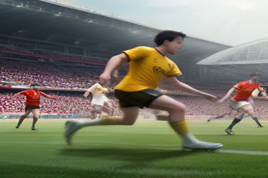 Joueurs en action lors d'un match de football, l'équipe en rouge et jaune attaquant face aux défenseurs vêtus de blanc
