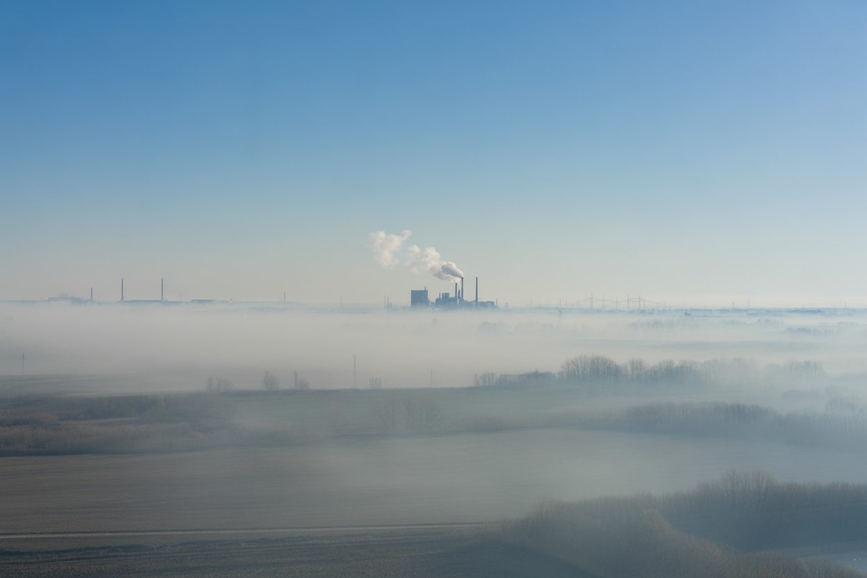 Les fumées d'un incendie belge déclenchent une alerte pollution en Moselle et placent 140 km sous surveillance Paysage industriel enveloppé de fumées et de brouillard polluant réduisant la visibilité