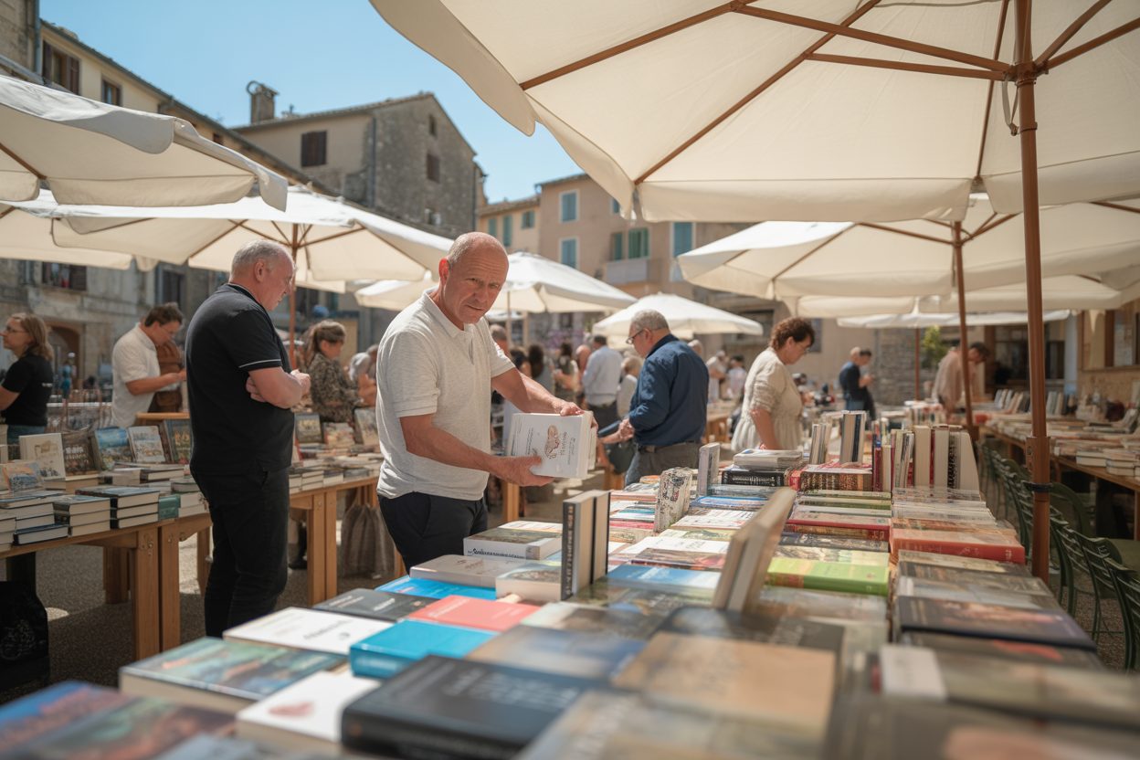 Levie : vingt ans de littérature corse fêtés par les auteurs insulaires et le premier manga en langue régionale Visiteurs découvrent des publications lors d'une fête du livre en plein air