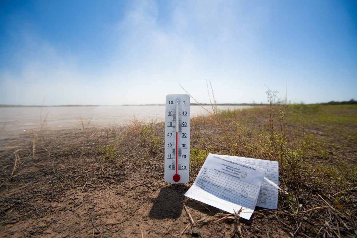 L'Île-de-France sort de l'alerte orange canicule, six départements du Sud-Est restent en vigilance Paysage aride sous chaleur intense, avec thermomètre affichant des températures élevées