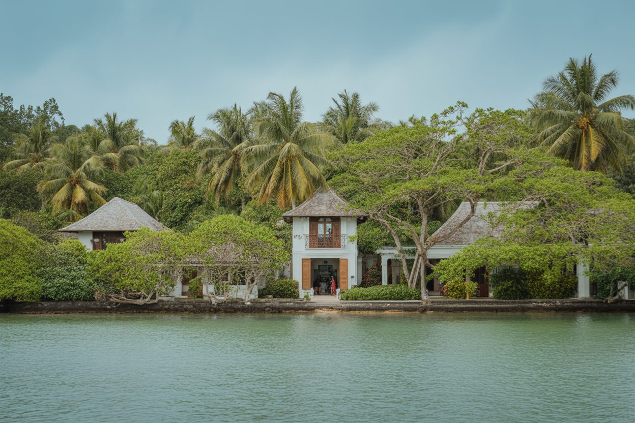 L'île des Pins : le Domaine d'Oro rouvre, 20 salariés rappelés et 30 bungalows disponibles Bâtiment principal d'une propriété tropicale avec architecture coloniale, entouré de palmiers et de jardins verdoyants