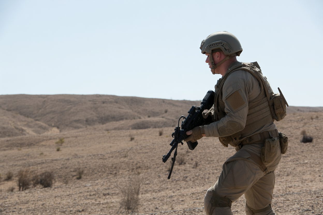 Soldat en équipement tactique dans un paysage désertique aride et ensoleillé