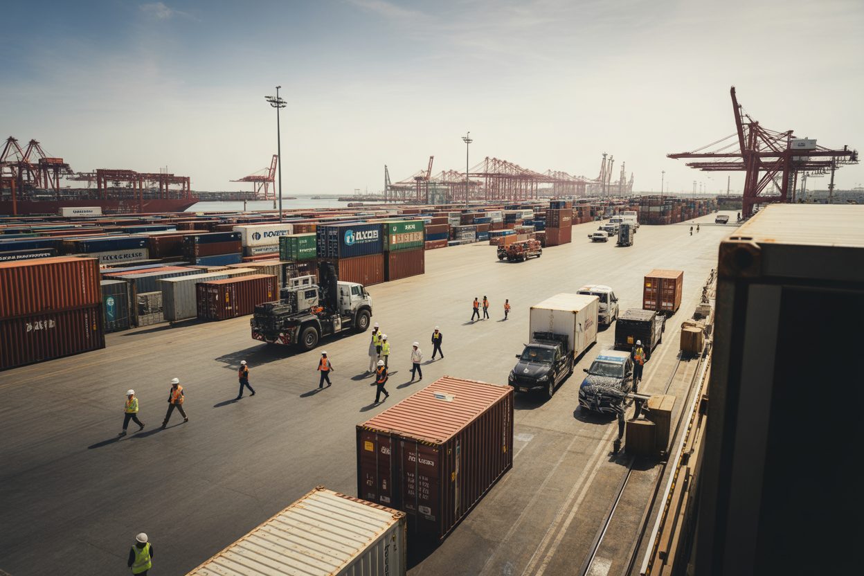 Longoni : les tarifs portuaires doublent et Mamoudzou s'embrase Activité portuaire avec conteneurs de fret, engins de manutention et ouvriers en gilets de sécurité