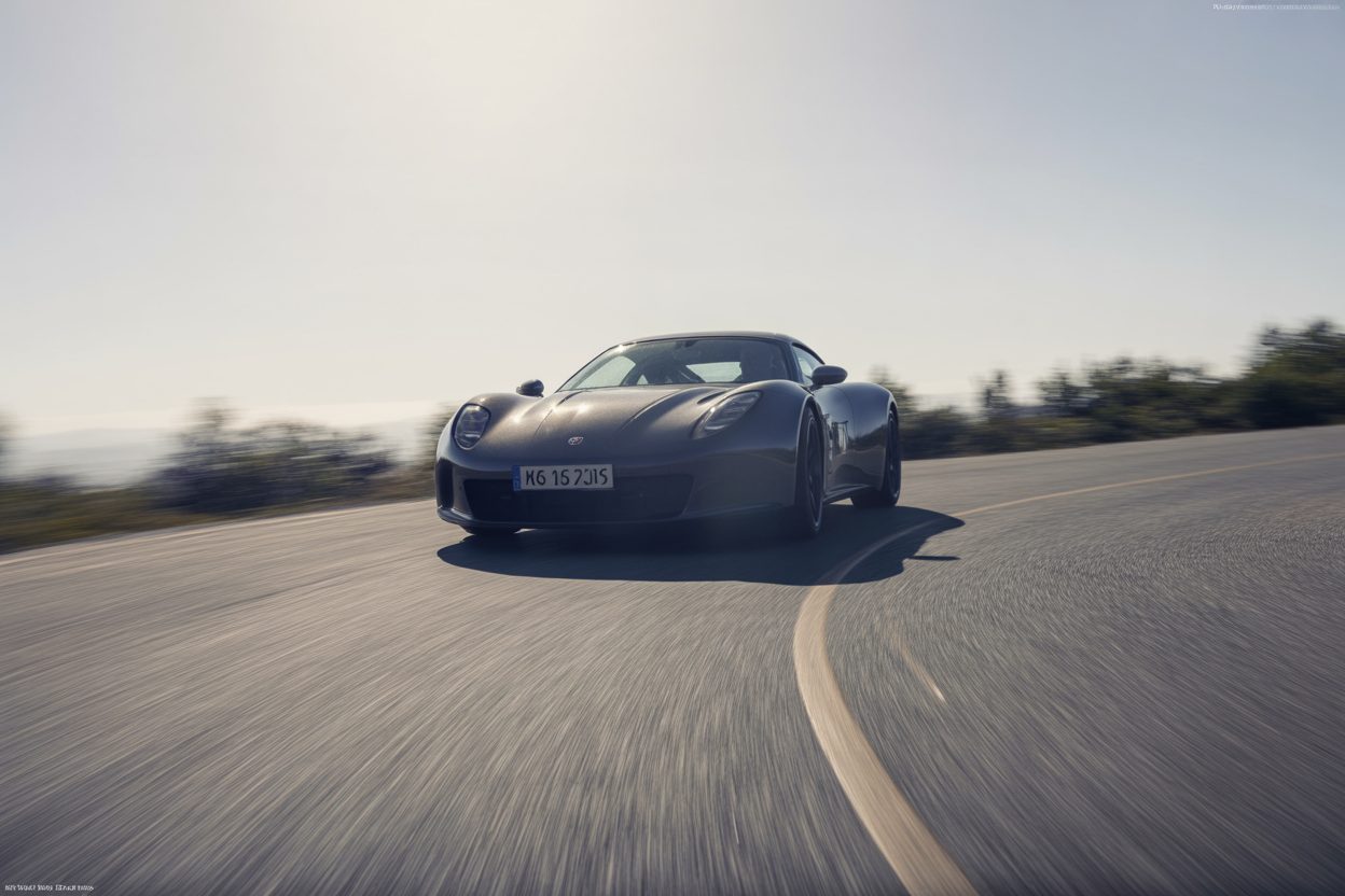 Lotus Emira 420 Sport : 416 ch, 0 à 100 en 3,9 s et un rival direct pour Alpine Voiture de sport aux lignes épurées en accélération sur route sinueuse, capturée en mouvement