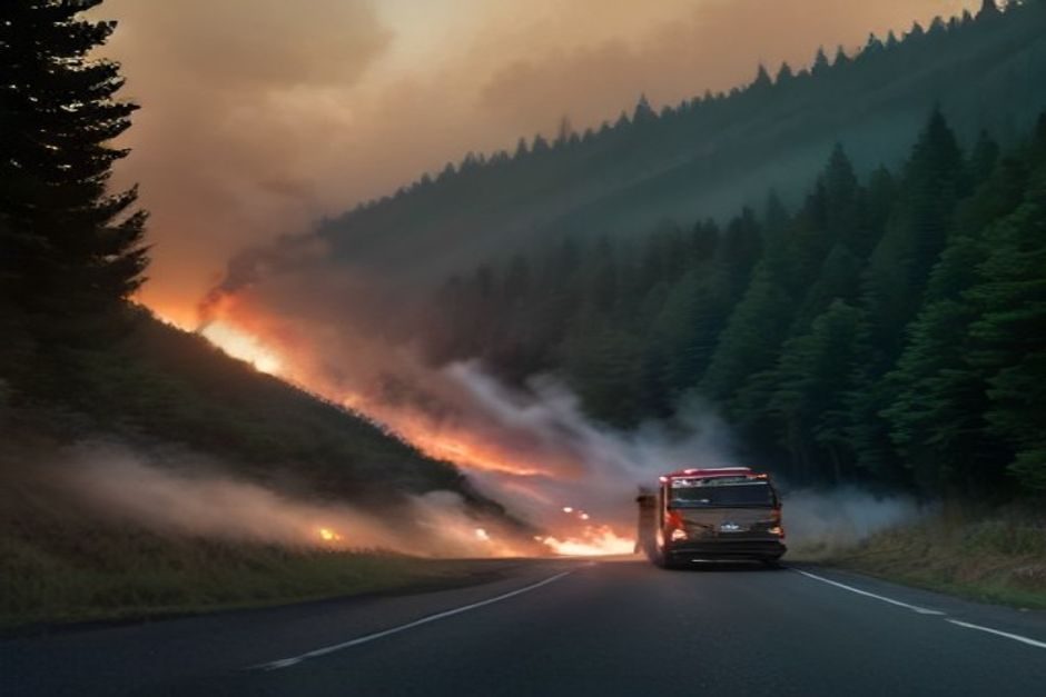 Pompiers en intervention face à un incendie de forêt, flammes et fumée dense s'échappant du terrain