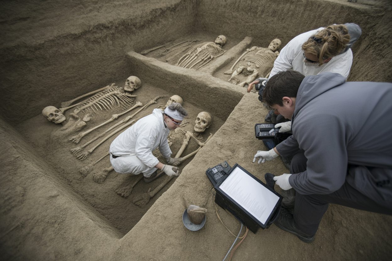 Luçay-le-Mâle : 17 tombes médiévales refont surface place de Verdun Site de fouilles archeologiques revelant des sepultures medievales mises au jour lors d'une excavation