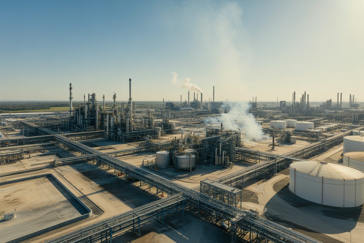 Complexe industriel de raffinage avec réservoirs de stockage et installations de traitement visibles d'en haut